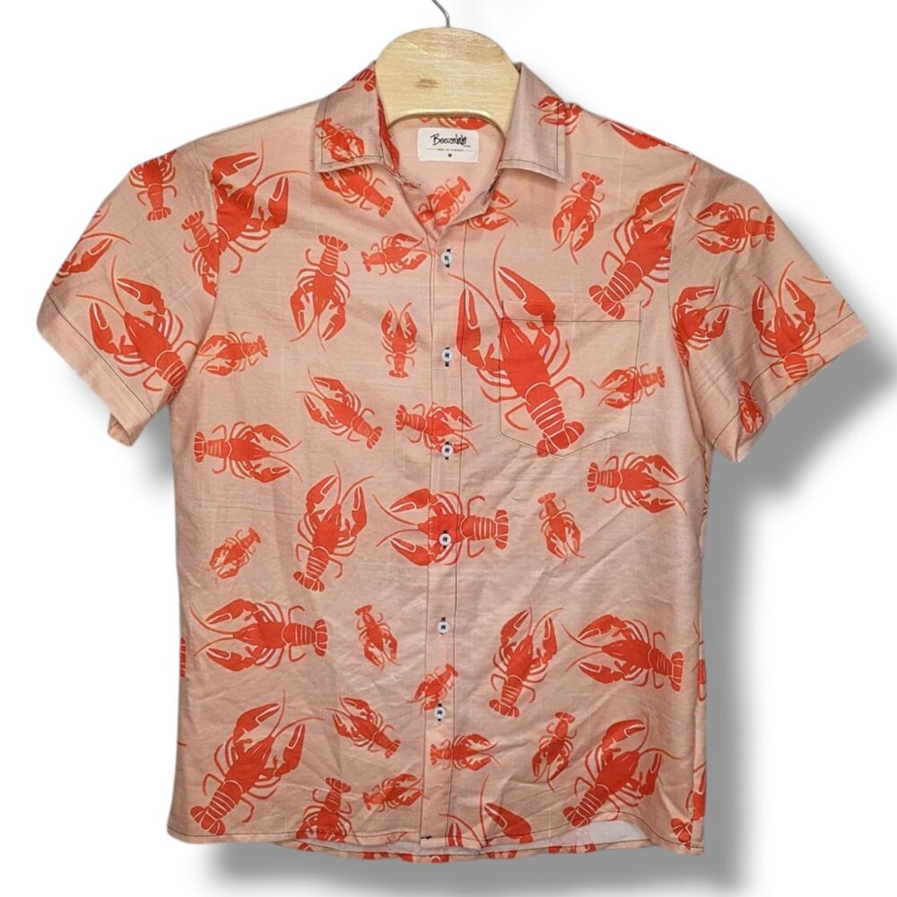 Boozelele Shirt Men's Medium Lobster Print Short Sleeve Button Down
